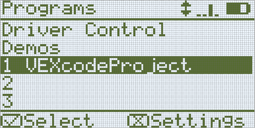 プログラム メニューが開かれ、VEXcodeProject プログラムが選択された状態で、VEXcode IQ 1st gen Brain 画面が表示されます。