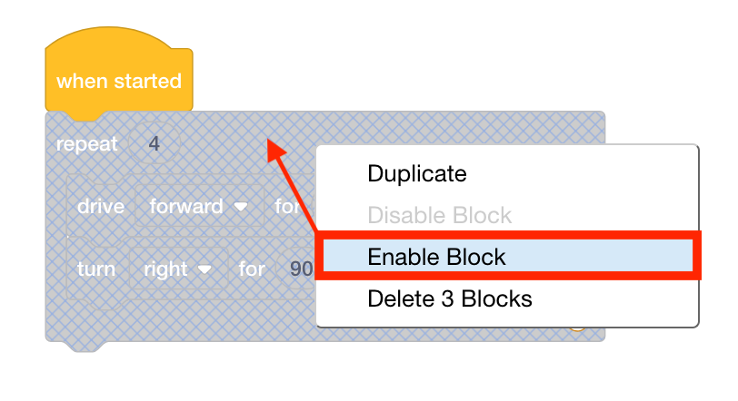 VEXcode IQ Blocks projekts ar atvērtu atspējota konteinera bloka konteksta izvēlni un iezīmētu opciju “Iespējot bloķēšanu”.