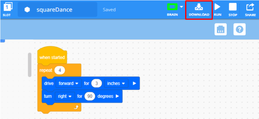Barre d'outils VEXcode IQ avec l'icône de téléchargement mise en évidence entre les icônes Cerveau et Exécuter.