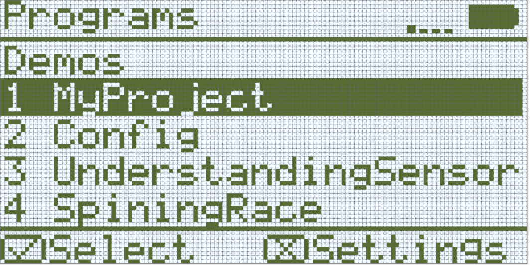 Wyświetlany jest ekran mózgu VEXcode IQ 1. generacji z otwartym menu Programy i wybranym programem o nazwie MyProject.
