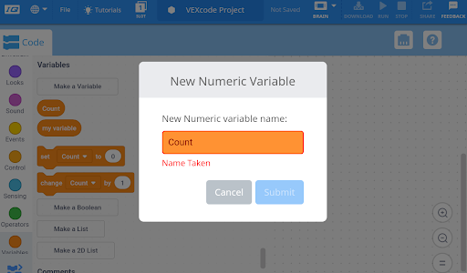 VEX IQ ब्लॉक प्रोग्रामिंग ट्यूटोरियल इंटरफ़ेस का स्क्रीनशॉट, जिसमें VEX IQ रोबोट प्रोग्रामिंग के लिए विभिन्न कोडिंग ब्लॉक और विकल्प प्रदर्शित किए गए हैं, जिसका उद्देश्य शैक्षिक और शुरुआती रोबोटिक्स उत्साही लोगों के लिए है।