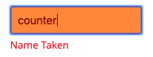 Exemplo de um nome de variável inválido. O nome é 'counter', que já está definido no projeto. Um aviso diz: Nome já em uso.
