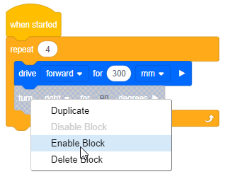 無効なブロックのコンテキスト メニューが開かれ、「ブロックの有効化」オプションが選択された VEXcode IQ Blocks プロジェクト。