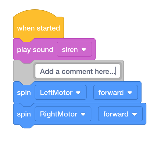 VEXcode IQ bloquea el proyecto con un bloque Comentario que tiene un campo de texto resaltado y dice Agregar un comentario aquí.