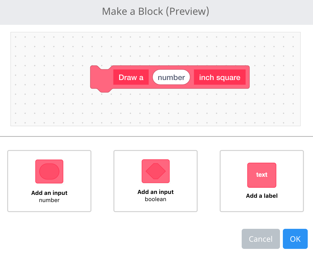 Het VEXcode IQ Maak een blok-menu is geopend en er is een aangepast blok gemaakt. Het blok bevat eerst Teken een, vervolgens een invoerveld voor getallen en eindigt met een label met de tekst inch in het vierkant. Het aangepaste blok luidt als volgt: Teken een vierkant van x inch.