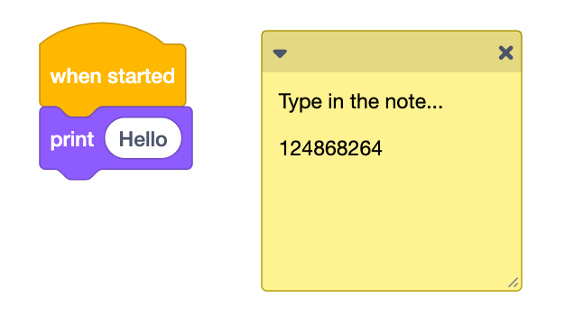Im VEXcode IQ Workspace wurde eine Notiz mit dem Text "Typ" hinzugefügt. Nachfolgend finden Sie Zufallszahlen, die zeigen sollen, dass man auch Zahlen und Symbole schreiben kann.
