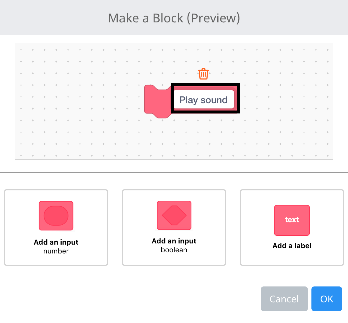 VEXcode IQ Make a Block মেনু খোলা হয়েছে। ব্লকের নাম পরিবর্তন করে "প্লে সাউন্ড" রাখা হয়েছে এবং এটি হাইলাইট করা হয়েছে।