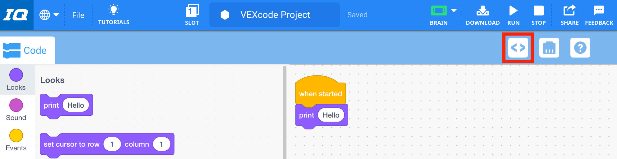 장치 아이콘 왼쪽에 코드 뷰어 아이콘이 강조 표시된 VEXcode IQ 도구 모음입니다.