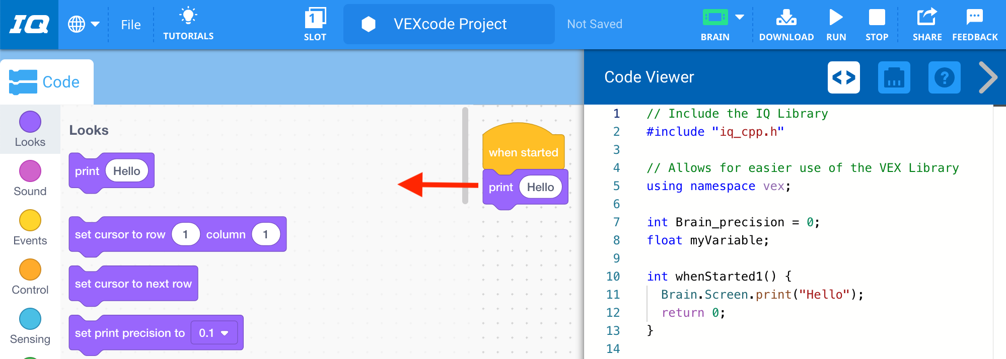 동일한 VEXcode IQ 블록 프로젝트에 이제 인쇄 블록을 도구 상자로 끌어서 놓아 삭제하라는 화살표가 추가되었습니다.