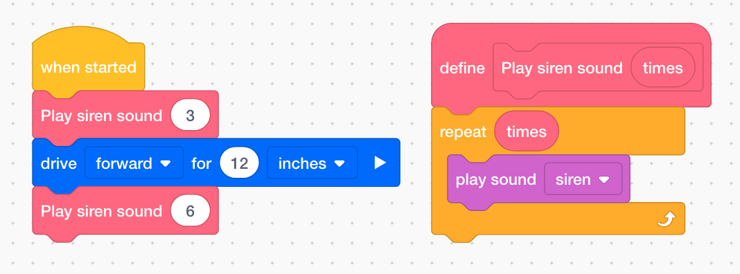 サイレン サウンド VEXcode IQ My Blocks 定義ブロックを再生します。 このブロックには「サイレン音を何回再生するか」と書かれており、times という単語は数値パラメータです。 スタックには、繰り返し回数が times パラメータに設定された Repeat ブロックがあり、Repeat ブロックにはサイレン音を再生するように設定された Play sound ブロックがあります。 定義ブロックの隣には、ブロックを使用するプログラムを含むスタックがあります。 このスタックには、始動するとサイレン音 3 が再生され、12 インチ前進してからサイレン音 6 が再生される、という内容が書かれています。
