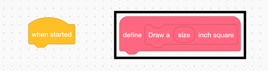 El bloque VEXcode IQ My Blocks Definition está resaltado en el área de trabajo. El bloque definido dice 'Draw a size inch square', y la palabra size es un parámetro numérico que se puede usar en la definición del bloque.