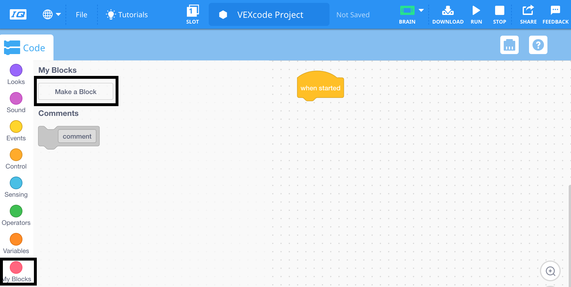VEXcode IQ Blocks Toolbox mit der Kategorie "Meine Blöcke" und der hervorgehobenen Schaltfläche "Block erstellen".