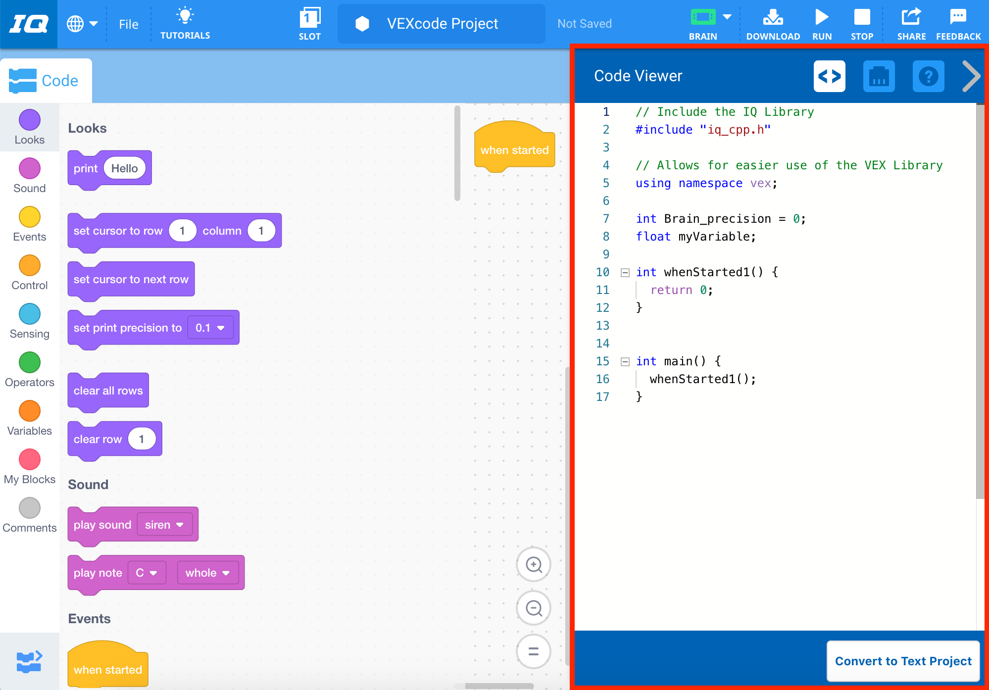 Das Menü „Code Viewer“ ist geöffnet und zeigt eine C++-Version des Blocks-Projekts an. Das Menü ist hervorgehoben.