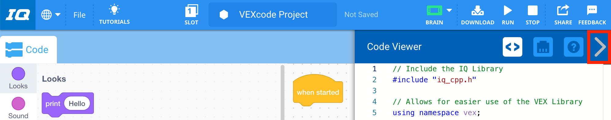 Menu do visualizador de código com o ícone da seta para a direita destacado na barra de ferramentas. Este ícone pode ser selecionado para fechar o menu.