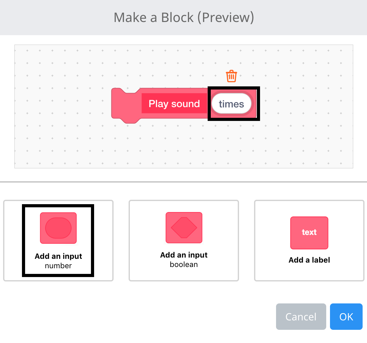 Het menu 'Maak een blok' van VEXcode IQ is geopend en de naam van het blok is ingesteld op 'Geluid afspelen'. Er is een numeriek invoerveld toegevoegd aan het blok en dit is nu gemarkeerd.