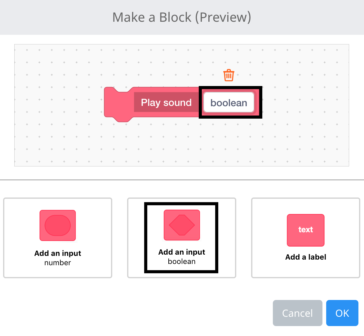 VEXcode IQ Blok Oluştur menüsü açık ve bloğun adı Ses çal olarak ayarlanmış. Bloğa bir Boole giriş alanı eklendi ve artık vurgulanıyor.