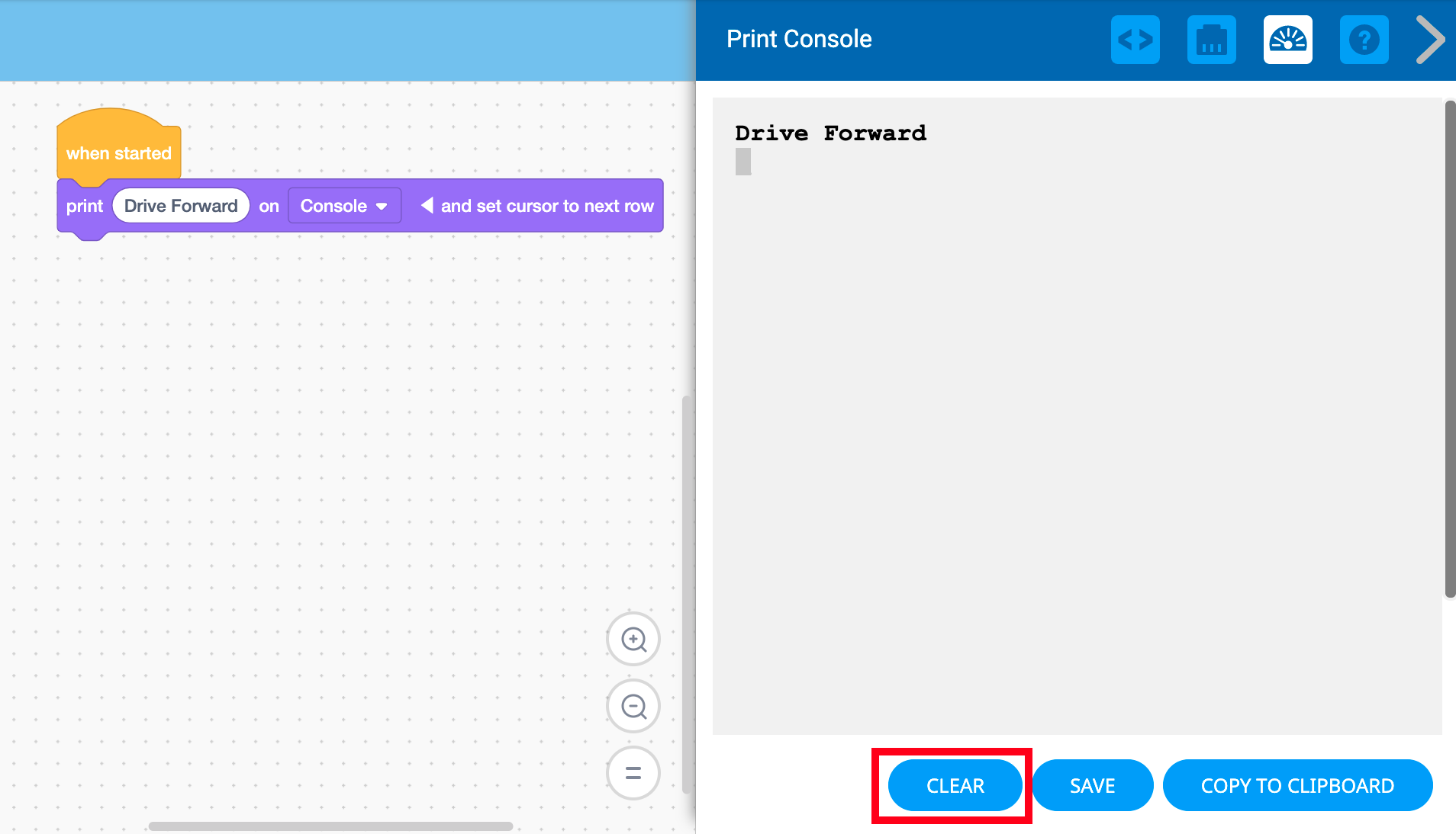 เมนู Print Console เปิดอยู่และปุ่ม Clear จะถูกไฮไลต์อยู่ด้านล่าง