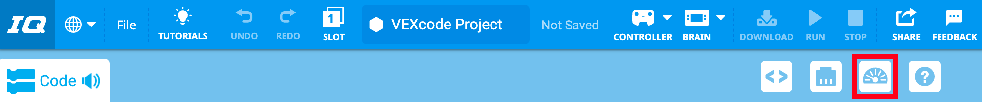 Thanh công cụ VEXcode IQ với biểu tượng Print Console được tô sáng giữa các biểu tượng Thiết bị và Trợ giúp.