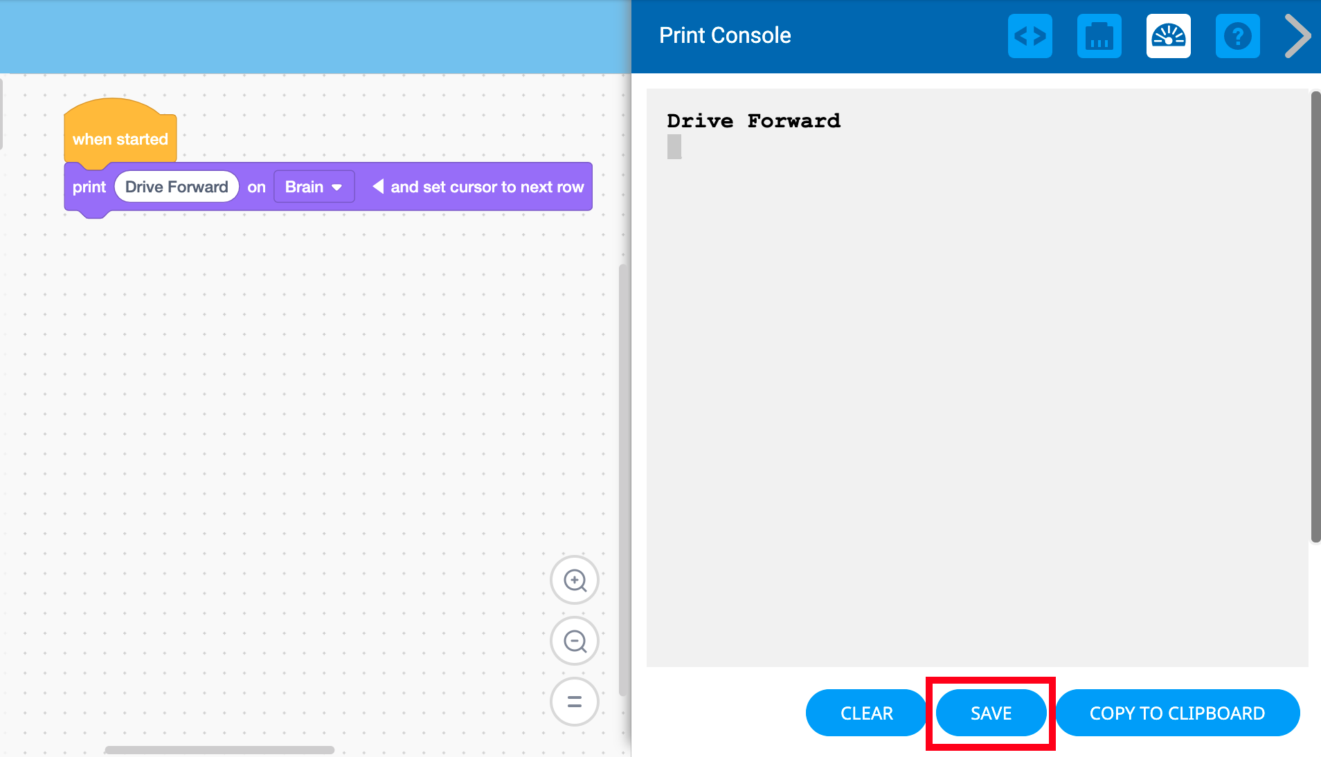 Print Console мәзірі ашық және Сақтау түймесі төменде бөлектелген.