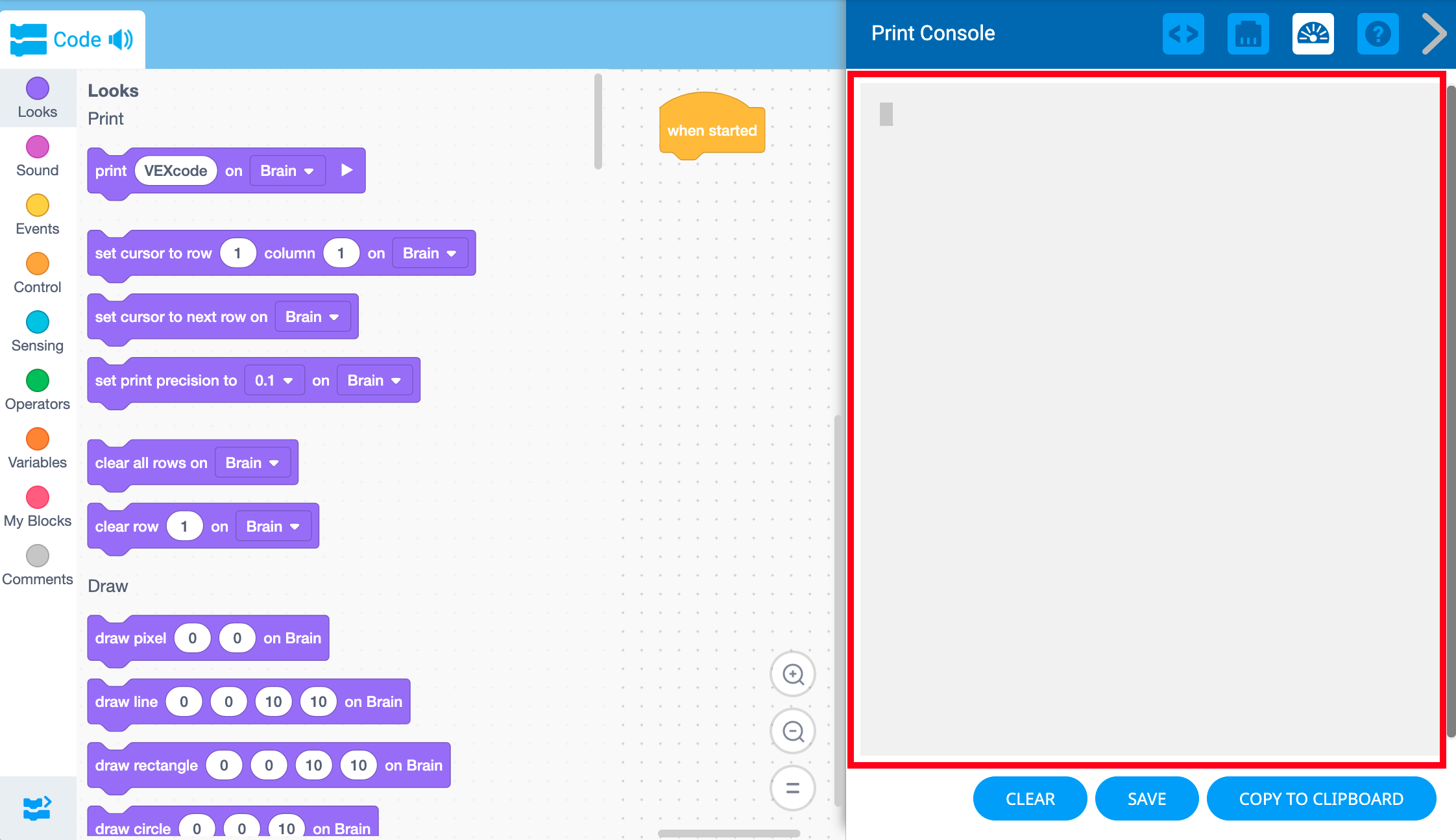 O menu da Consola de Impressão está aberto e apresenta um espaço em branco para os projetos nos quais serão impressas informações e texto.