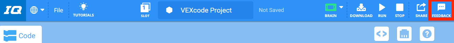 VEXcode IQ Toolbar mit hervorgehobenem Feedback-Symbol rechts neben dem Teilen-Symbol.