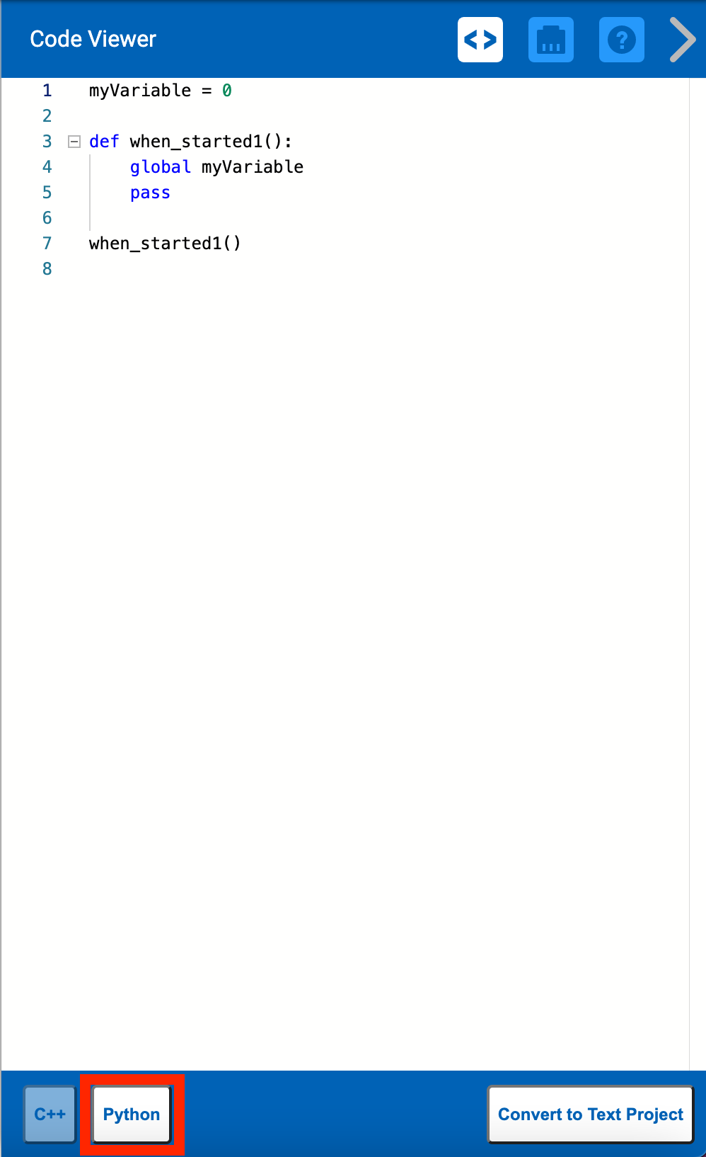 Menu Penampil Kode dibuka saat terhubung ke Brain generasi ke-2. Penampil Kode secara default masih menampilkan C++, tetapi di bawahnya ada tombol Python yang disorot di samping tombol C++.