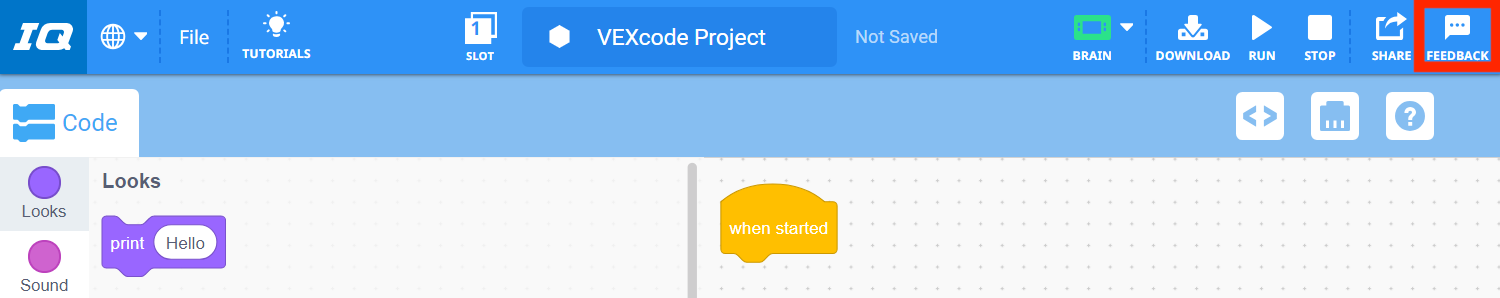 Barra de herramientas VEXcode IQ con el icono Comentarios resaltado a la derecha del icono Compartir.