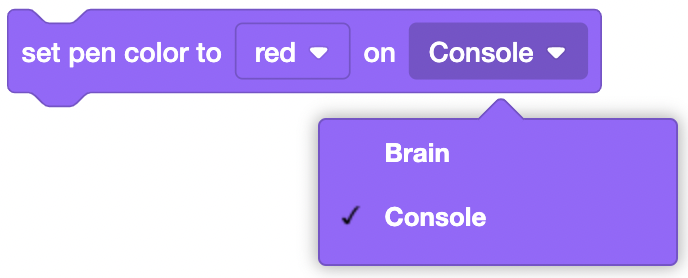 VEXCode IQ Ustaw blok koloru pióra z otwartym menu rozwijanym umożliwiającym zmianę urządzenia. Domyślną opcją w Brain jest ustawienie koloru pióra na czerwony, ale można to zmienić na konsoli.