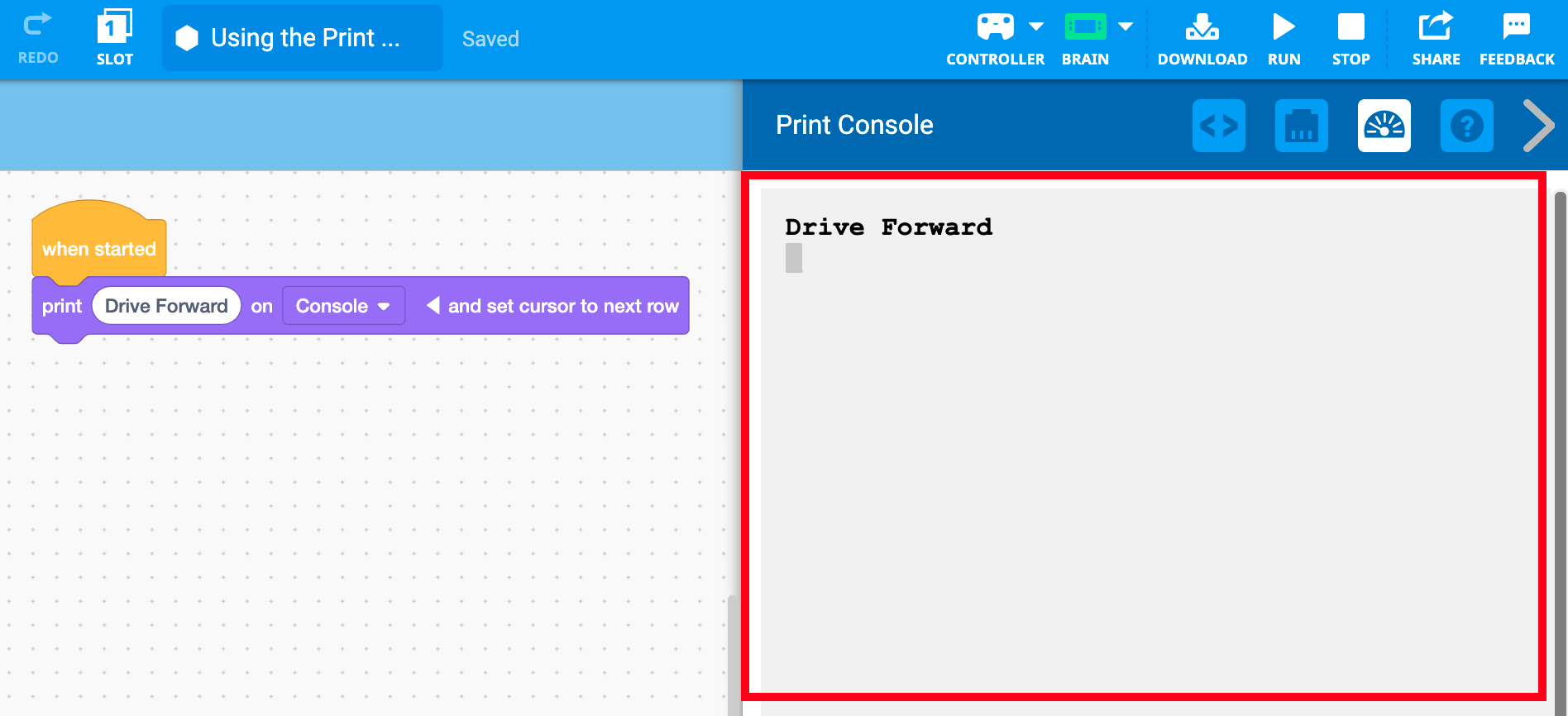 Menu Print Console mở ra và hiển thị thông báo đã in Drive Forward.