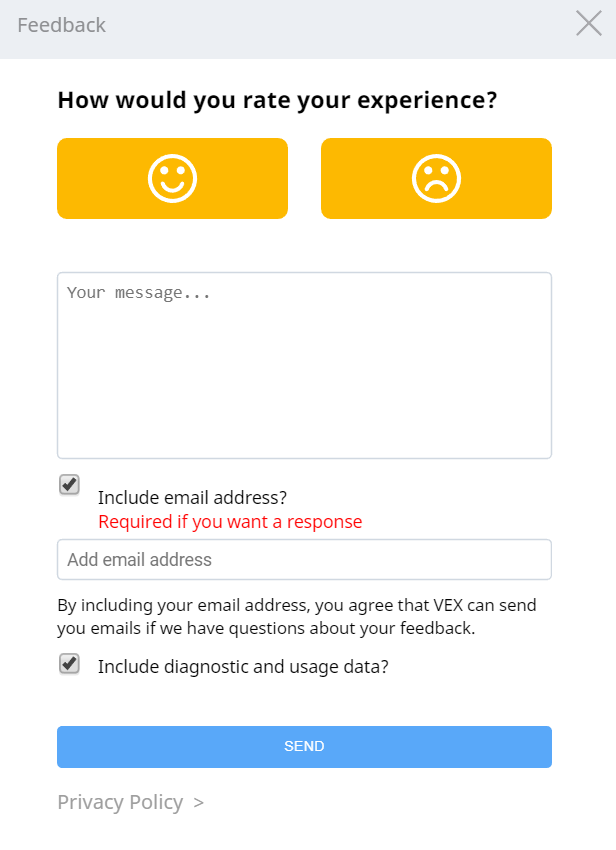 Ventana de comentarios de VEXcode IQ, que muestra la interfaz de usuario con opciones para proporcionar comentarios sobre la experiencia de VEXcode IQ.