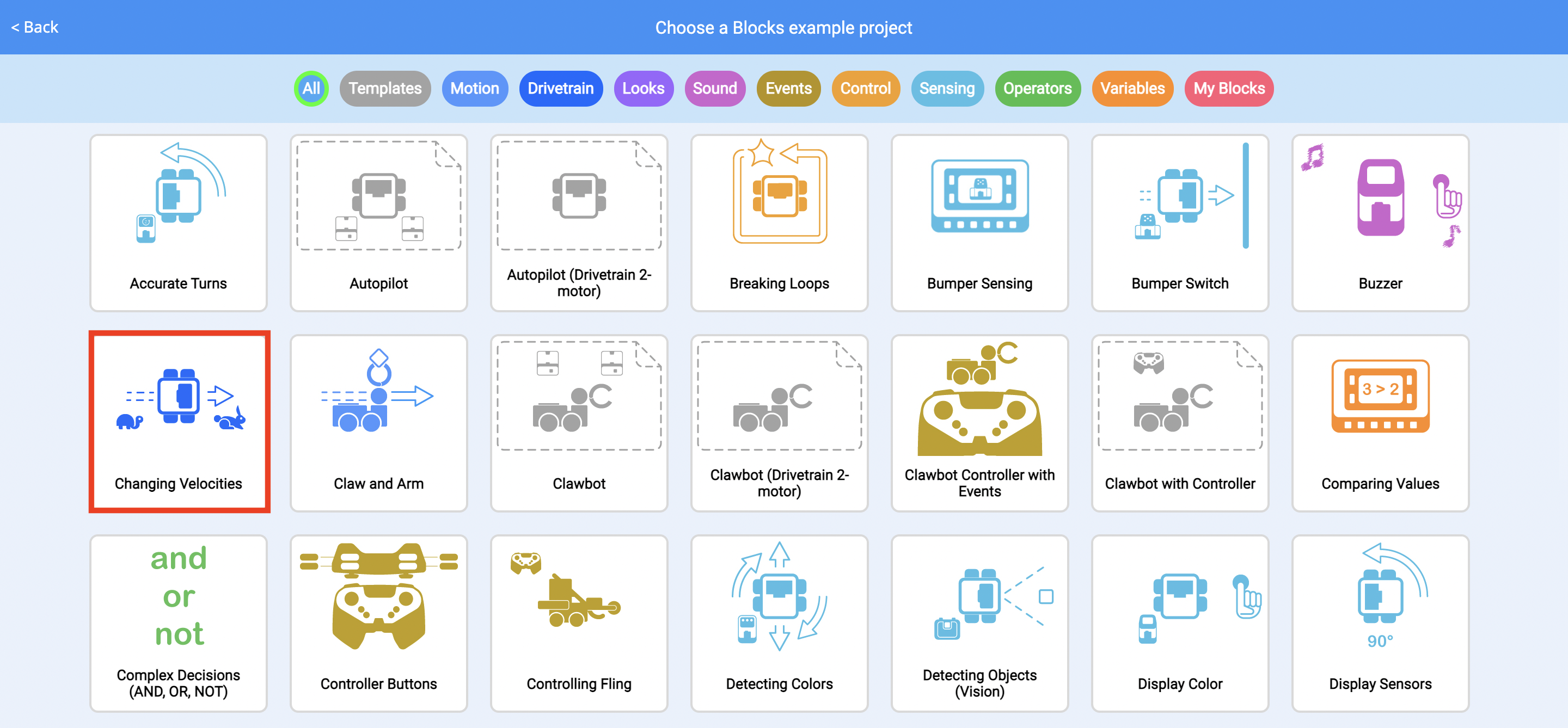 Menu Progetti di esempio con evidenziato il progetto di esempio Changing Velocities.
