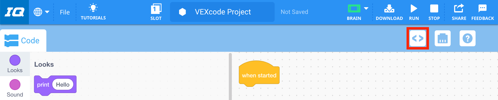 Панель інструментів VEXcode IQ з виділеною піктограмою переглядача коду ліворуч від піктограми пристроїв.