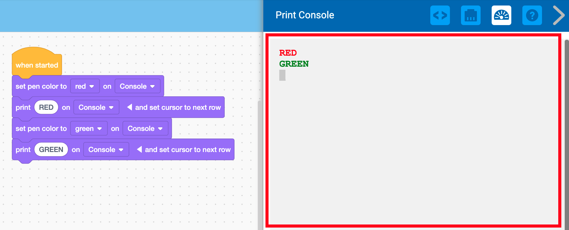 Print Console мәзірі ашық және келесі жолда ҚЫЗЫЛ, содан кейін ЖАСЫЛ басып шығарылған хабарды көрсетеді. Хабарламалар өздерінің түстерімен басып шығарылды.