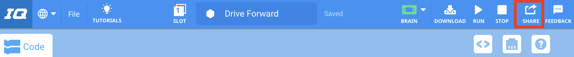 VEXcode IQ Toolbar mit hervorgehobenem Teilen-Symbol zwischen den Symbolen Stopp und Feedback.