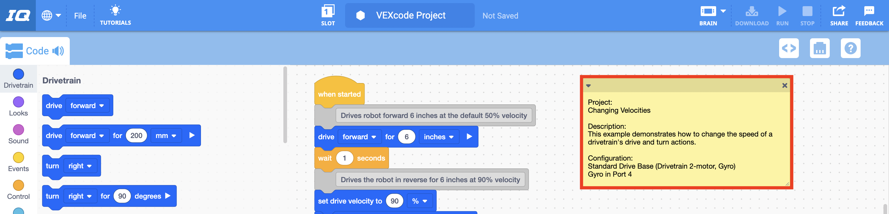 VEXcode IQ con el proyecto de ejemplo de Velocidades Cambiantes abierto y con su descripción Nota resaltada.