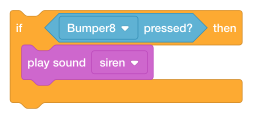 VEXcode IQ ブールパラメータ スロットに Pressing bumper ブロックがある C ブロック。 If ブロック内には、サウンド スタックの再生ブロックがあります。