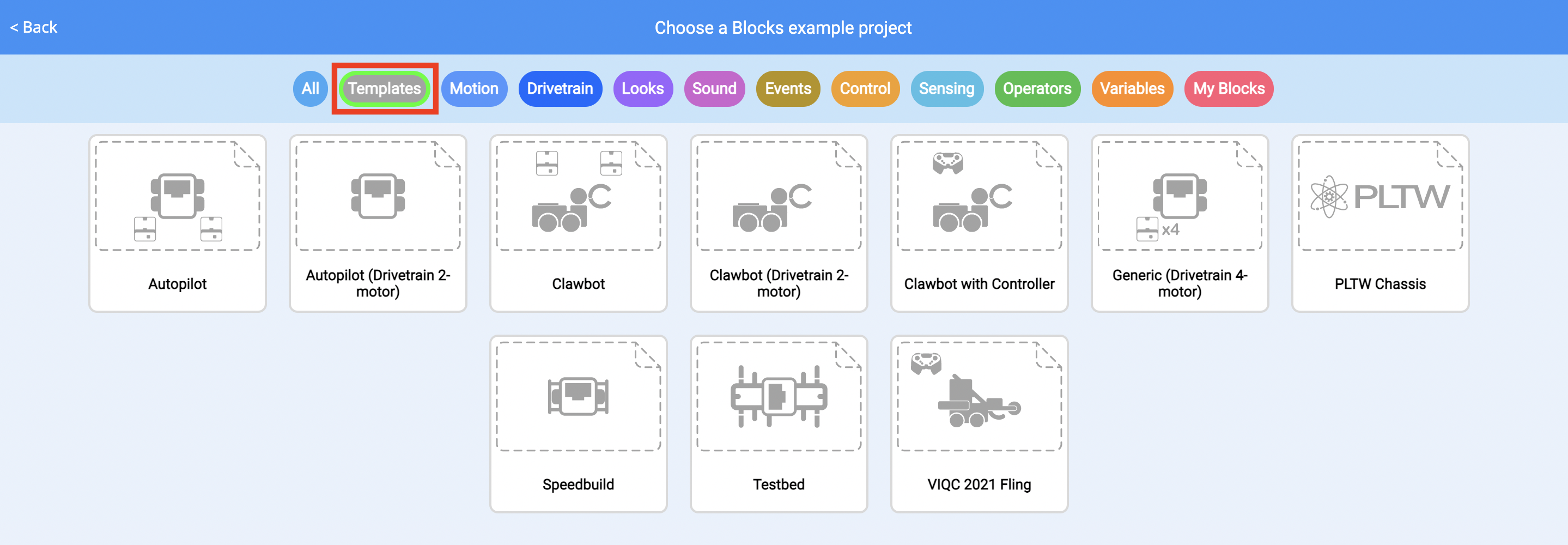 Menu de projetos de exemplo com a categoria Modelos selecionada na barra de filtros.