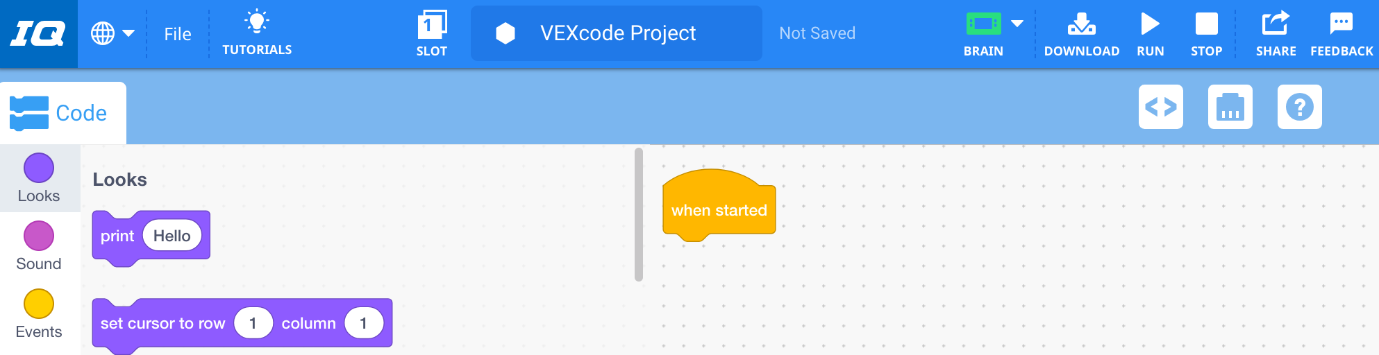 Nouveau projet Blocks ouvert dans VEXcode IQ.