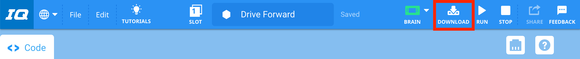 VEXcode IQ Toolbar mit hervorgehobenem Download-Symbol zwischen den Symbolen Brain und Run.