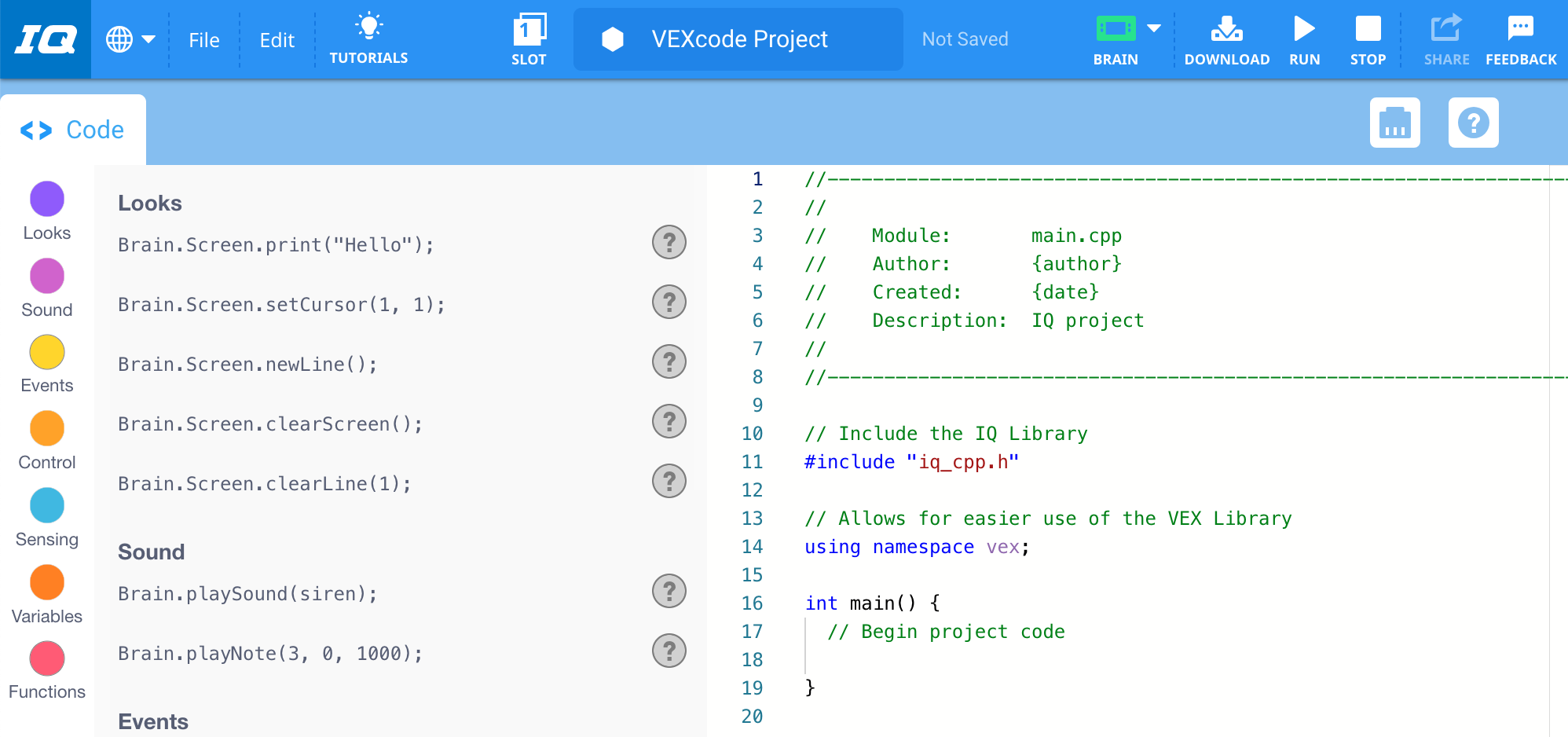 Nový C++ projekt byl otevřen ve VEXcode IQ.