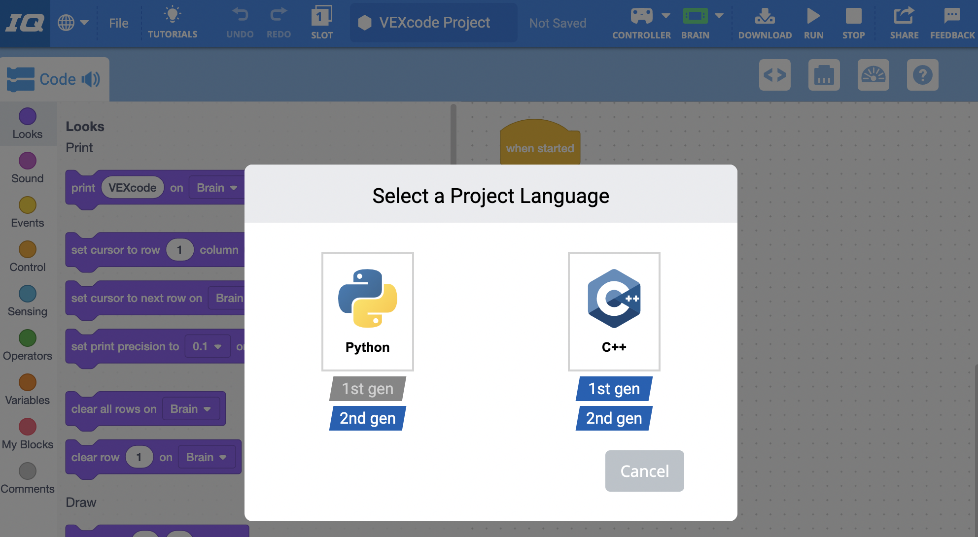 VEXcode IQ Python немесе C++ үшін опциялары бар жоба тілінің шақыруын таңдаңыз. Python тек 2-ші IQ деңгейінде жұмыс істей алады, бірақ C++ жобалары 1-ші және 2-ші IQ-да жұмыс істейді. Жаңа жобаны ашу үшін тілді таңдауға болады немесе төменде мәзірді жабатын Болдырмау түймесі бар.