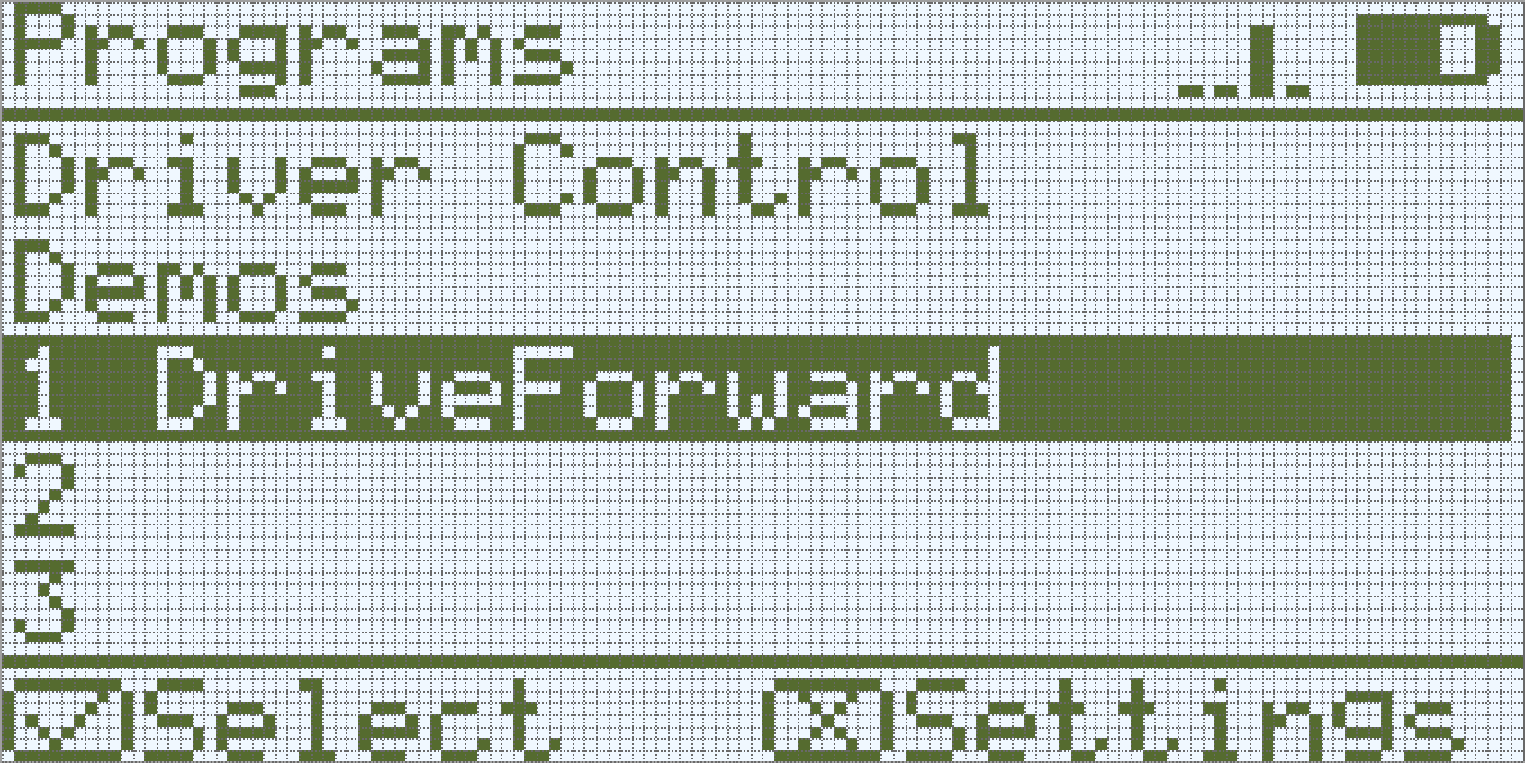 หน้าจอ Brain ของ VEXcode IQ รุ่นแรกจะแสดงโดยมีเมนูโปรแกรมเปิดอยู่และเลือกโปรแกรม DriveForward