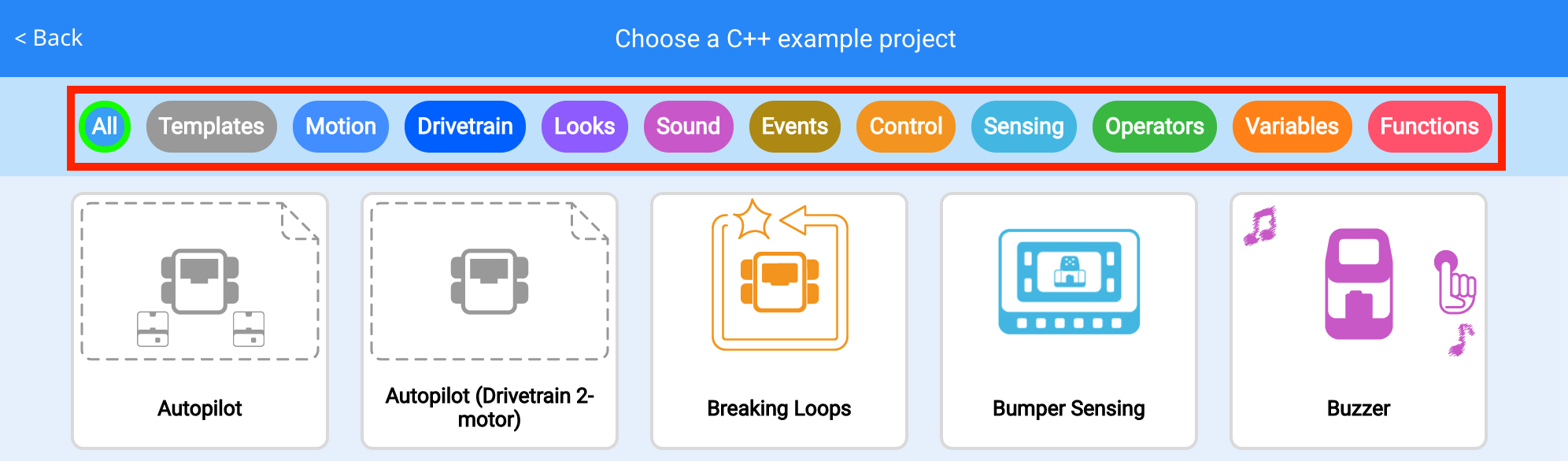 Menu Proyek Contoh VEXcode dengan bilah Filter disorot. Bilah Filter memiliki banyak kategori contoh proyek.
