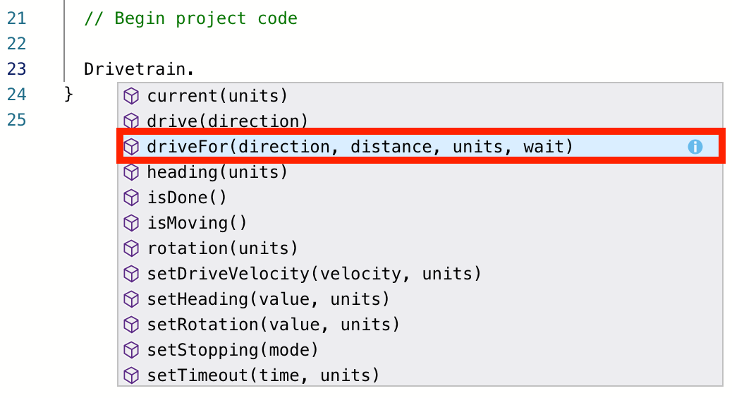 Espace de travail VEXcode IQ C++ avec un menu déroulant de commandes suggérées. Le périphérique Drivetrain et un opérateur point ont été saisis, et le clavier est utilisé pour parcourir les commandes disponibles. La commande « Conduire pour » est mise en surbrillance.
