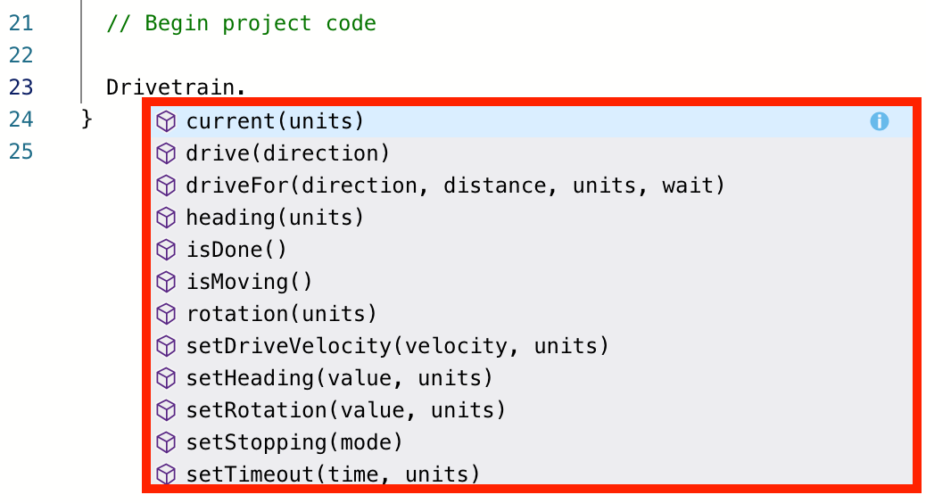 VEXcode IQ C++ munkaterület javasolt parancsok legördülő menüjével. A Drivetrain eszközt és egy pont operátort begépelték, és az eszközhöz tartozó parancsok elérhetők a menüben.