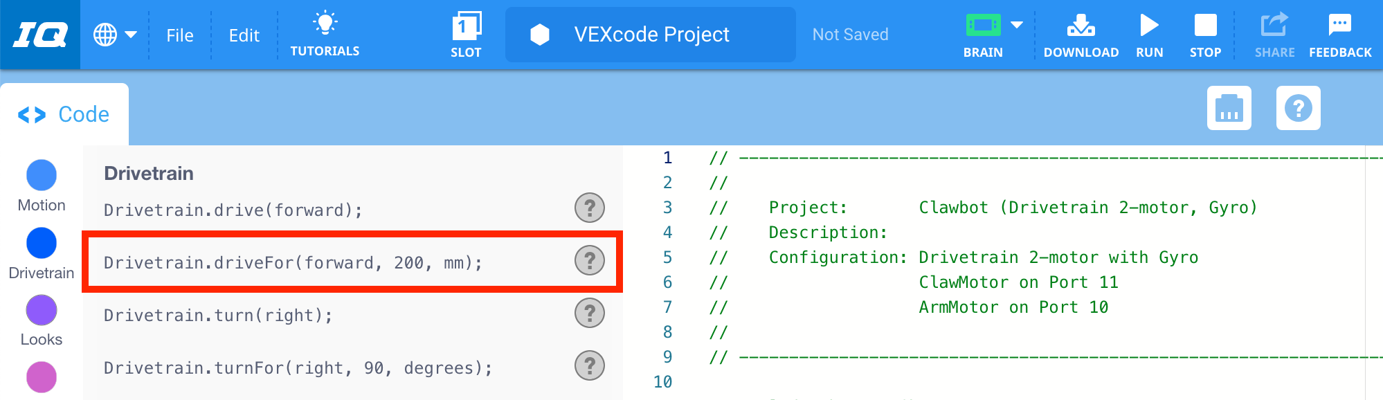 VEXcode IQ con el comando Drive for resaltado en la Caja de herramientas de C++.