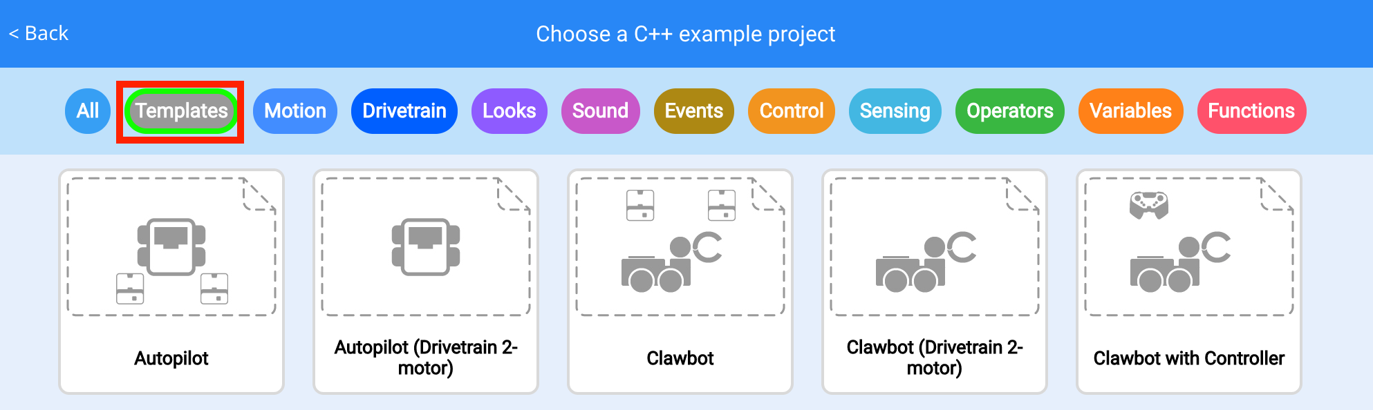 VEX IQ C++ ट्यूटोरियल टेम्पलेट्स और उदाहरणों का स्क्रीनशॉट, जिसमें विभिन्न प्रोग्रामिंग संरचनाओं और कोड स्निपेट को प्रदर्शित किया गया है, जो शिक्षकों और छात्रों को रोबोटिक्स अवधारणाओं को सीखने और VEX IQ प्लेटफॉर्म के साथ परियोजनाएं विकसित करने में सहायता करने के लिए डिज़ाइन किए गए हैं।