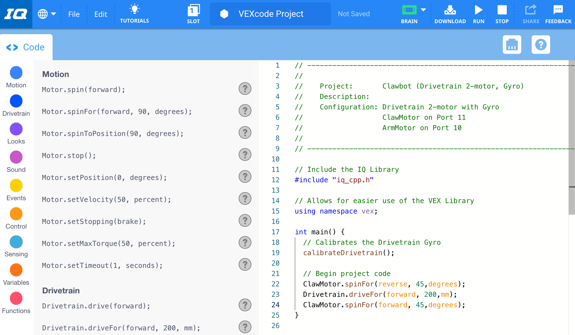 VEXcode IQ з відкритим шаблоном проекту двигуна Clawbot Drivetrain 2 для створення основи для нового проекту з використанням Clawbot.