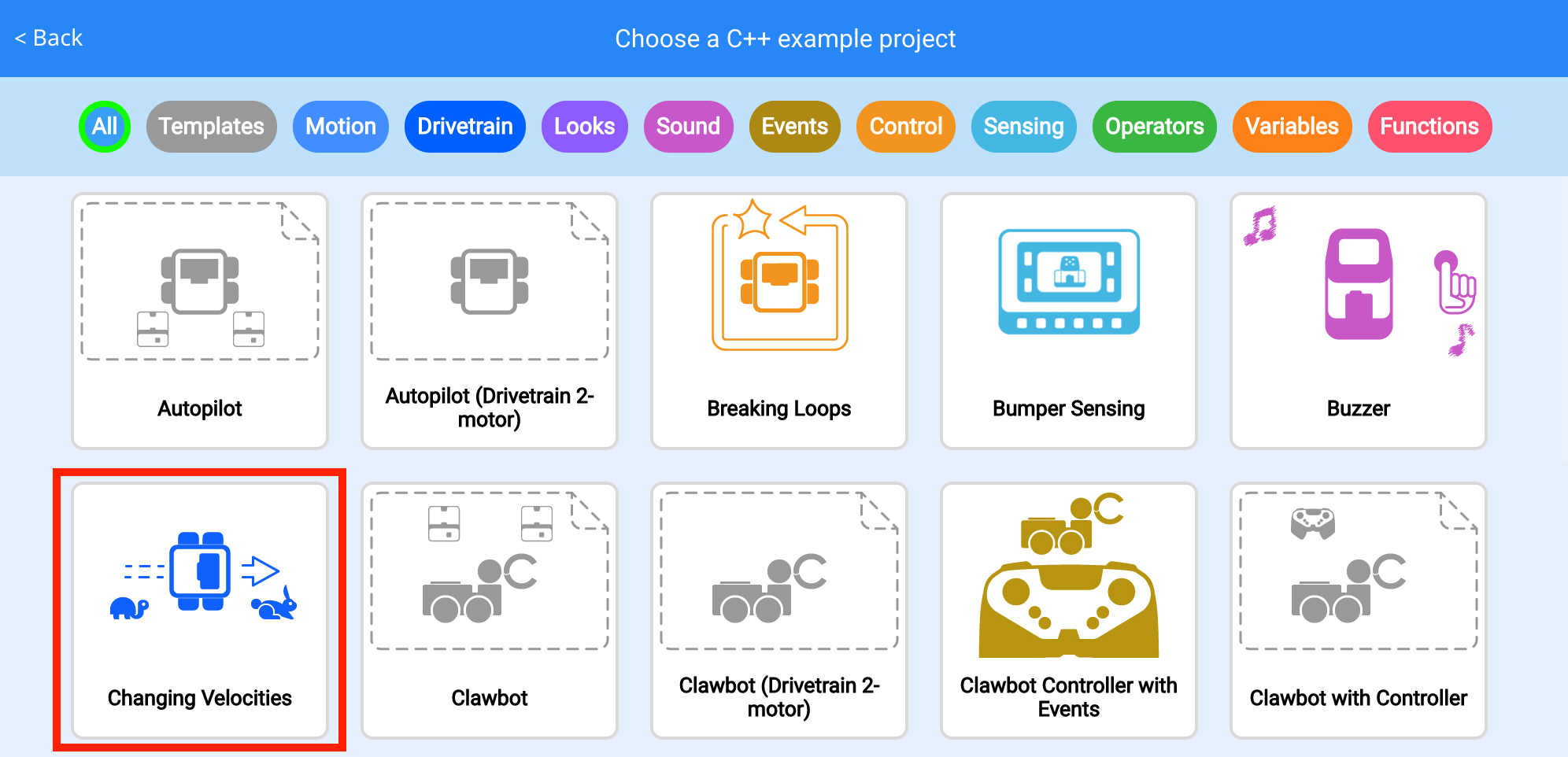 Menu Progetti di esempio VEXcode con evidenziato il progetto di esempio Changing Velocities.