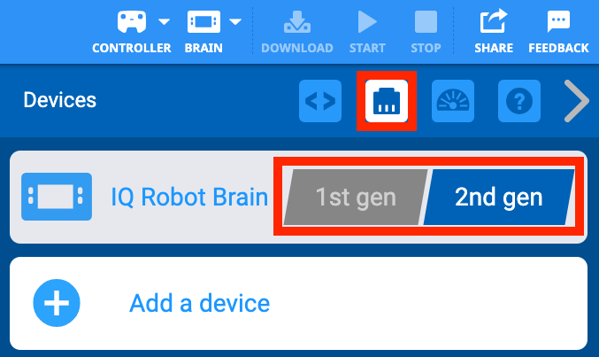 تظهر قائمة أجهزة VEXcode IQ مع إعداد إنشاء IQ Robot Brain. تم تعيين هذا الإعداد على خيار الجيل الثاني، ولكن تم تمييز كلا الخيارين.